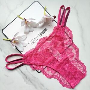 NWT VICTORIA'S SECRET VERY SEXY DOUBLE SHINE STRAP LACE BRAZILIAN PANTY IN FOREV